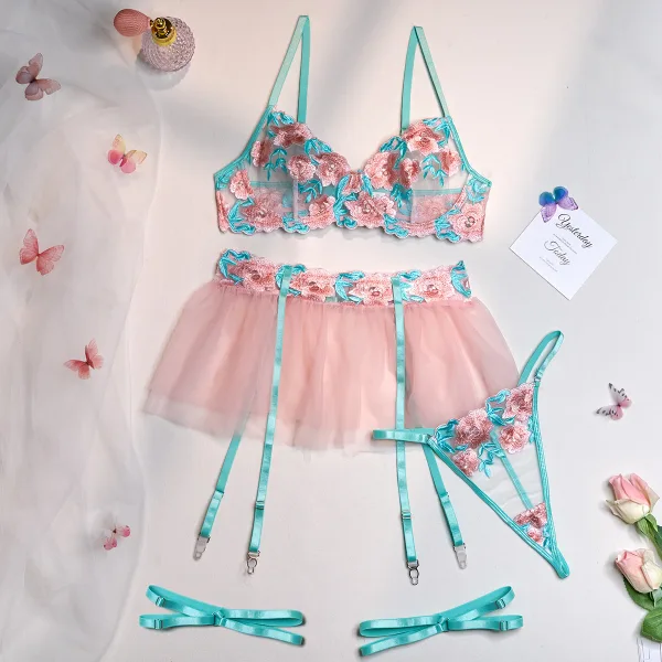 Embroidered Mesh Bikini Set in Pink