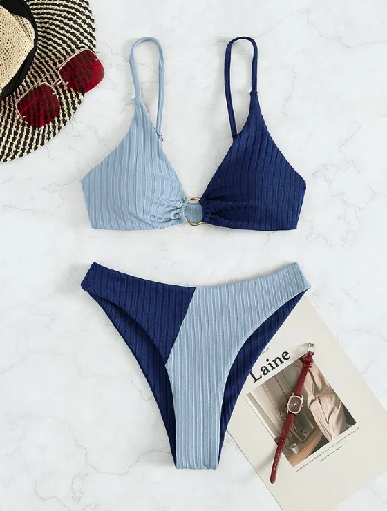 Solid Contrast Stitching Bikini Set