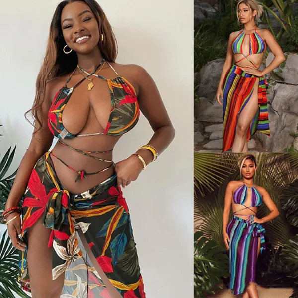 Coastal Stripe Three-Piece Bikini and Skirt Set