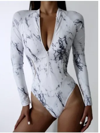 Floral Print Long-Sleeve Zip One-Piece Swimsuit