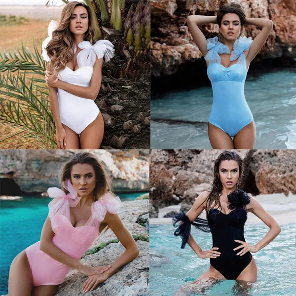 Solid Mesh Banded One-Piece Swimsuit