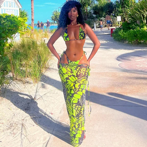 Verdant Print Three-Piece Bikini and Maxi Skirt Set