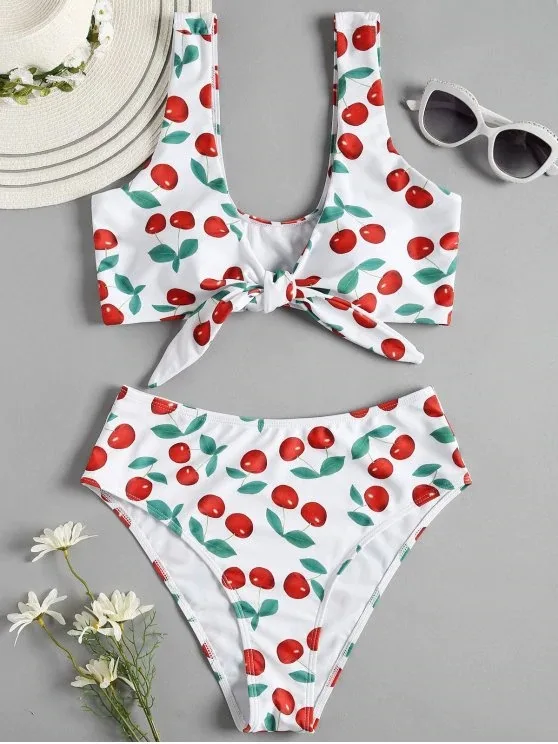 Cherry Print High-Waist Bikini Set