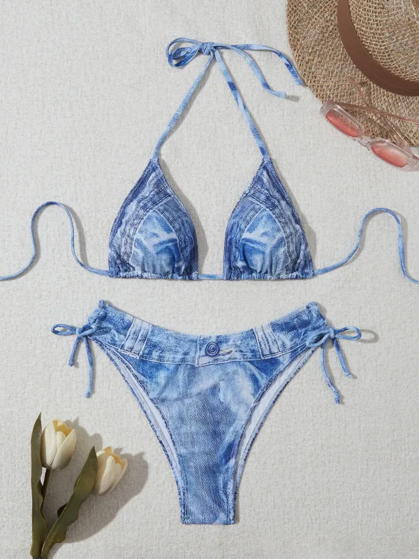 Denim Print Bikini Set with Strappy Detail
