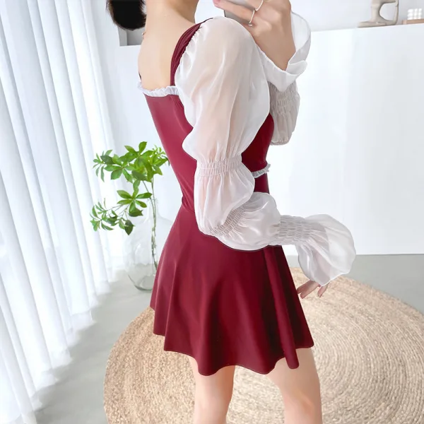 Long-Sleeve One-Piece Skirted Swimsuit
