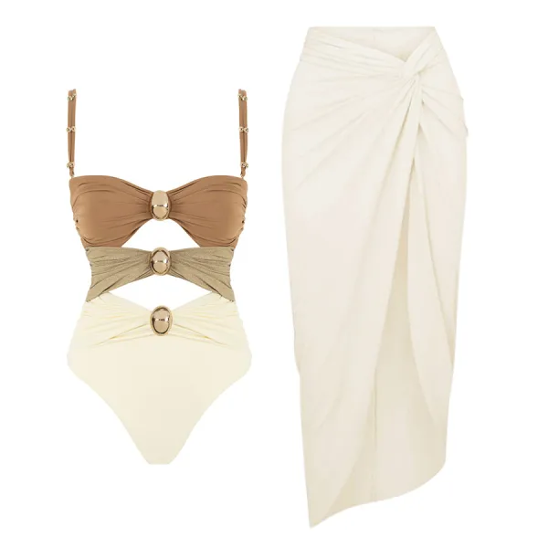 Elowen Color-Block One-Piece Swimsuit and Skirt Set