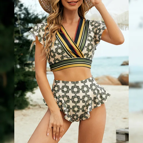 Flounced V-Neck Bikini Set with Lace-Up Detail