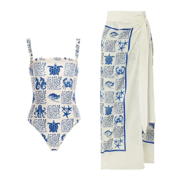 Printed Off-the-Shoulder Bikini and Skirt Set