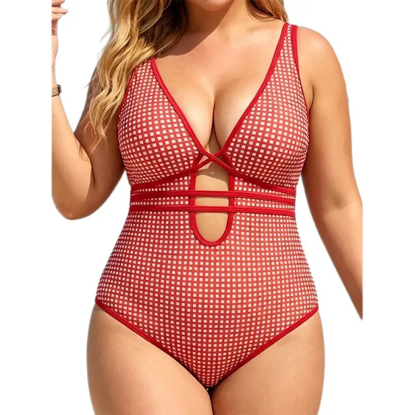 Plaid Print V-Neck One-Piece Swimsuit