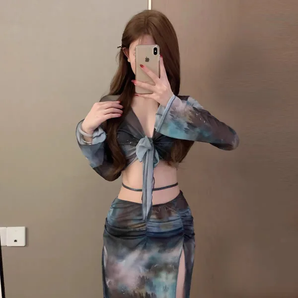 Ink Blue Long-Sleeve Bikini and Sarong Four-Piece Set