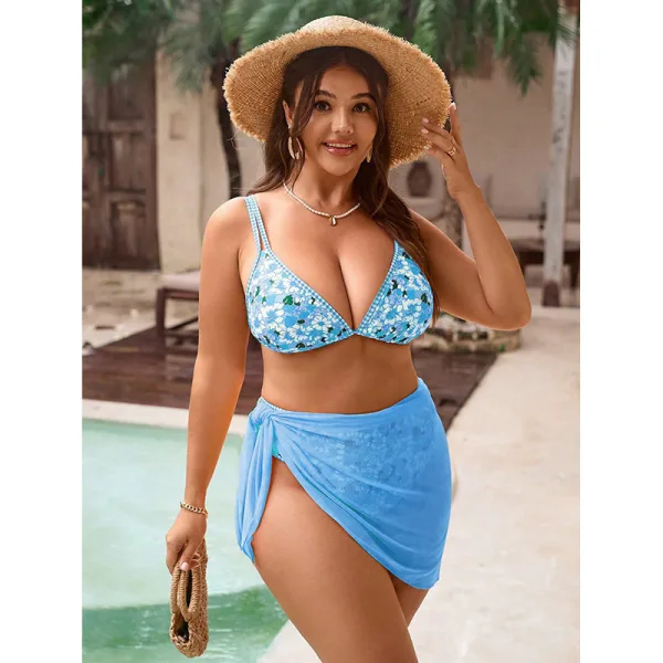 Printed Three-Piece Bikini Set with Matching Sarong