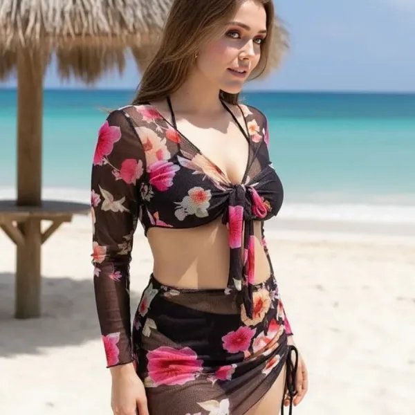 Aria Mesh Three-Piece Bikini and Cover-Up Set