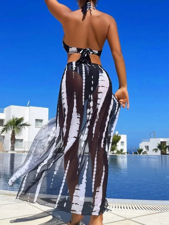 Three-Piece Printed Bikini and Sarong Set