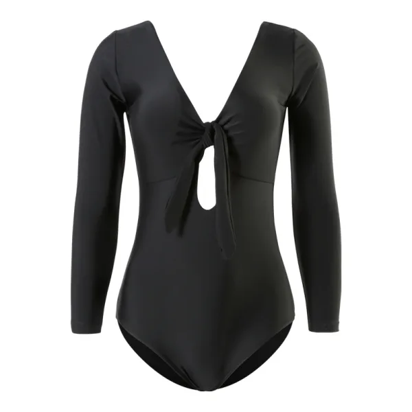 Long-Sleeved Deep-V One-Piece Swimsuit with Bow Detail