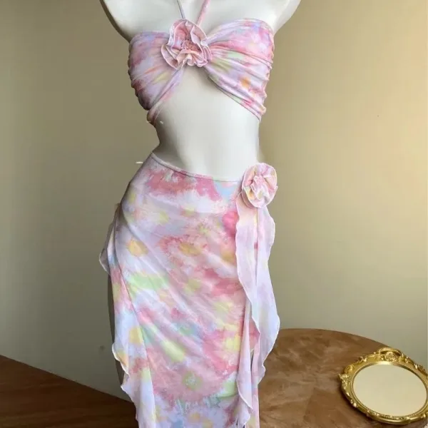 Floral Three-Piece Bikini and Sarong Set