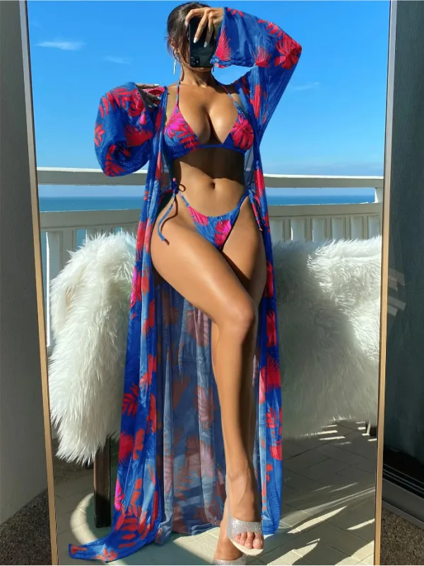 Floral Long Sleeve Bikini and Cover-Up Robe Set