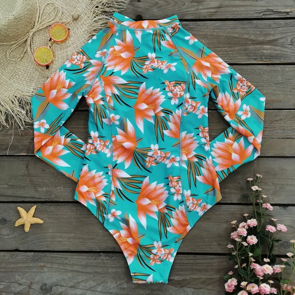 Floral Print Long-Sleeve One-Piece Swimsuit