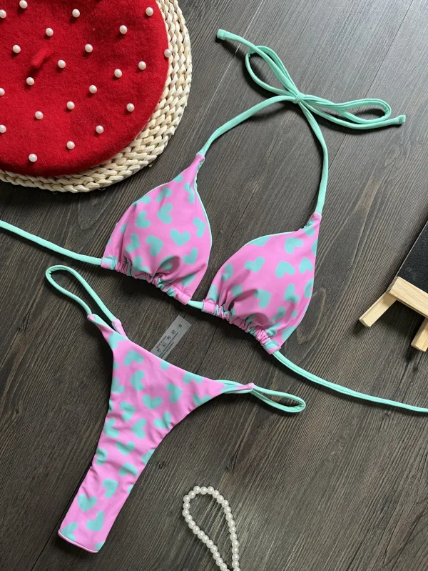 Heart Print Backless Bikini Set