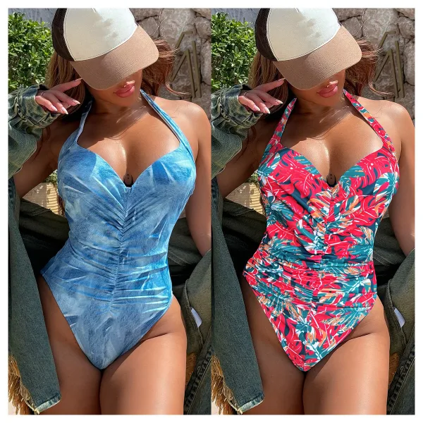 Printed Pleated Halter-Neck One-Piece Swimsuit