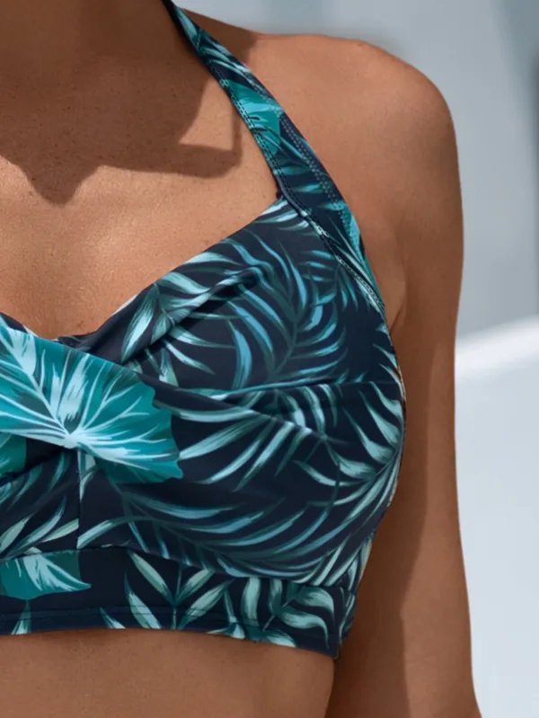 Tropical Leaf Three-Piece Halter Bikini and Skirt Set