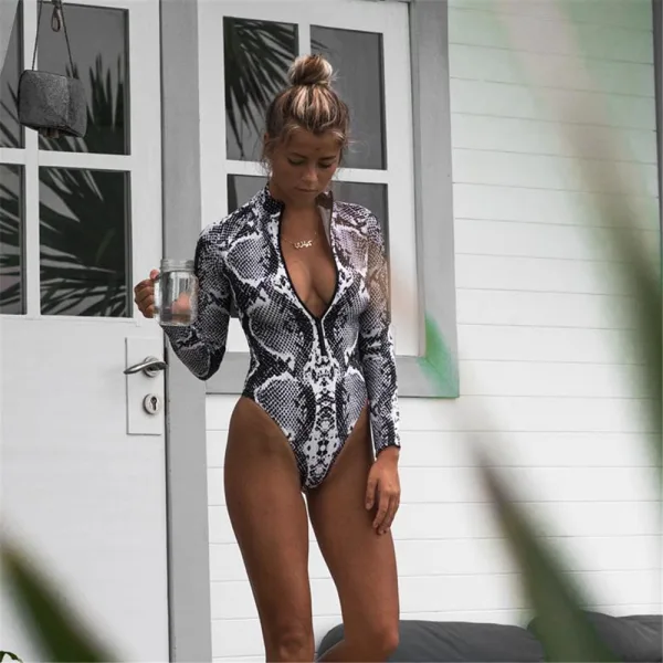 Leopard Print Long-Sleeve One-Piece Swimsuit