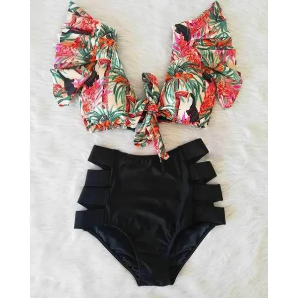Grid Print High-Waist Ruffle Bikini Set