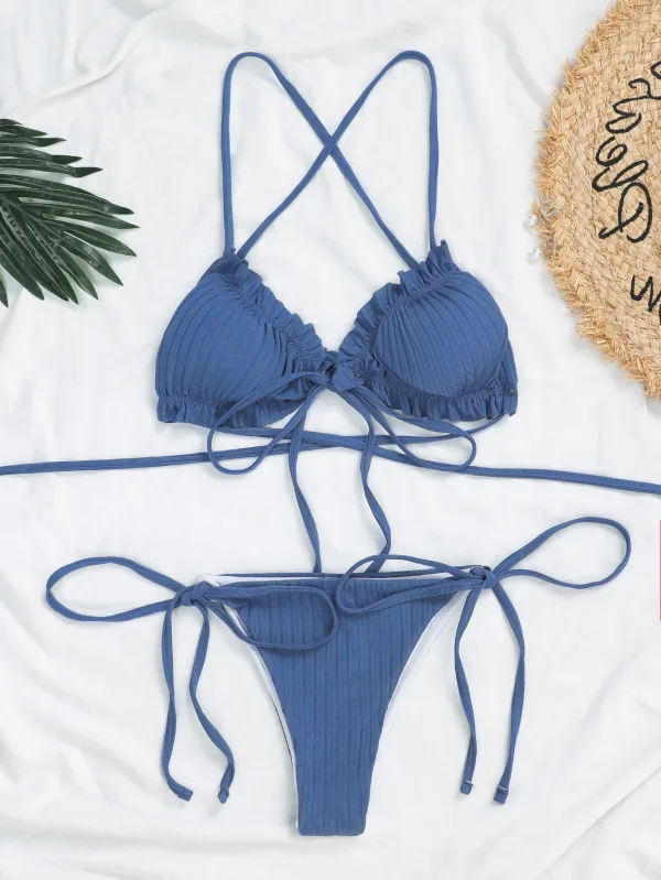 Sunken Stripe Pleated Lace-Up Bikini Set