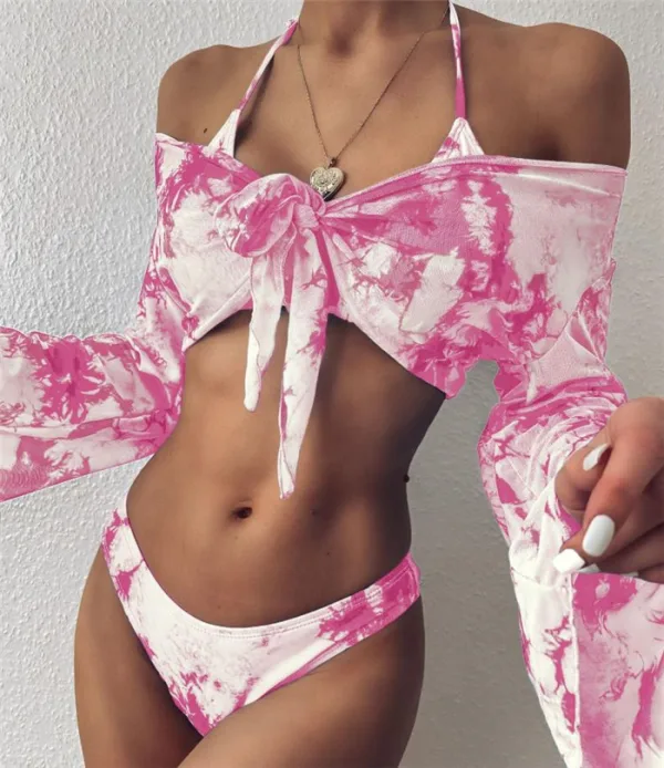Leopard Print Three-Piece Long Sleeve Bikini Set