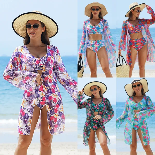 Abstract Print Three-Piece Bikini Set with Mesh Cover-Up