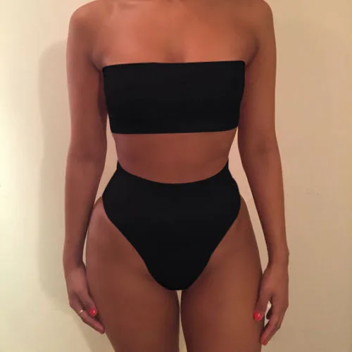 Solid Tube Top Bikini Set