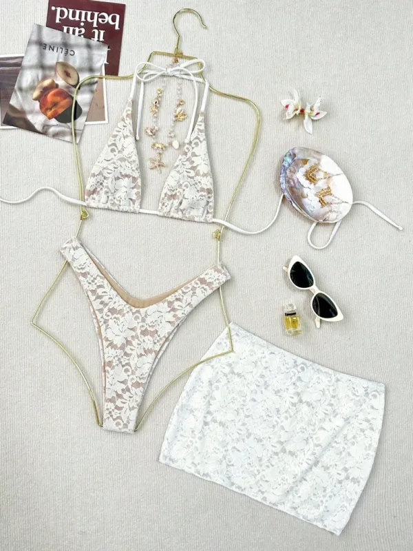 Lace-Detail Three-Piece Printed Bikini Set