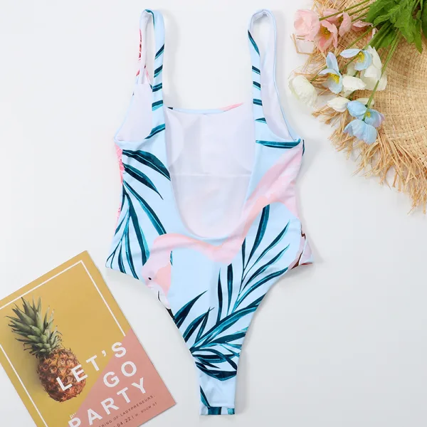 Flamingo Print One-Piece Swimsuit with Open Back