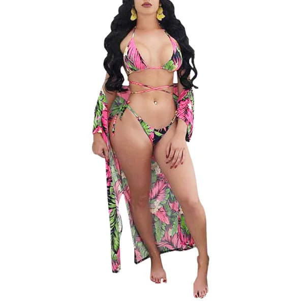 Verdant Printed Three-Piece Bikini and Cover-Up Set