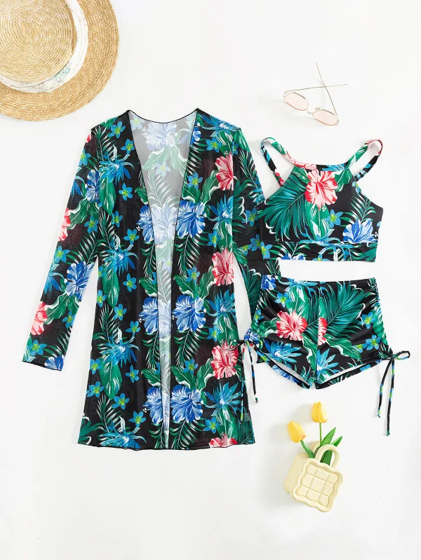 Three-Piece Printed Bikini and Cardigan Set