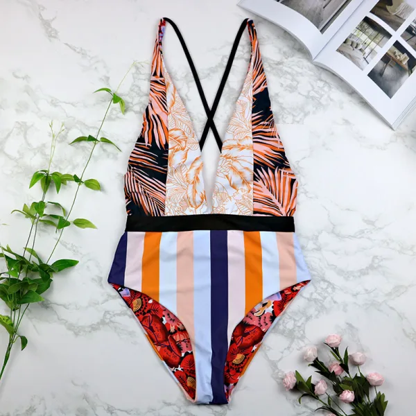 Deep V-Neck Backless One-Piece Swimsuit