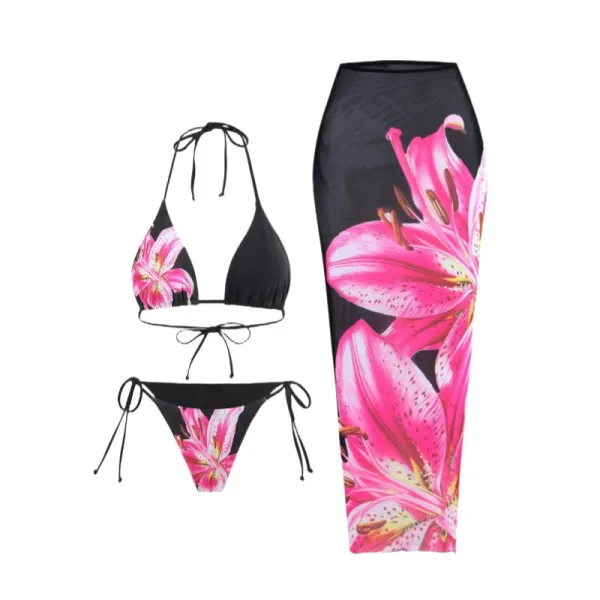 Black Red Floral Three-Piece Bikini and Sarong Set