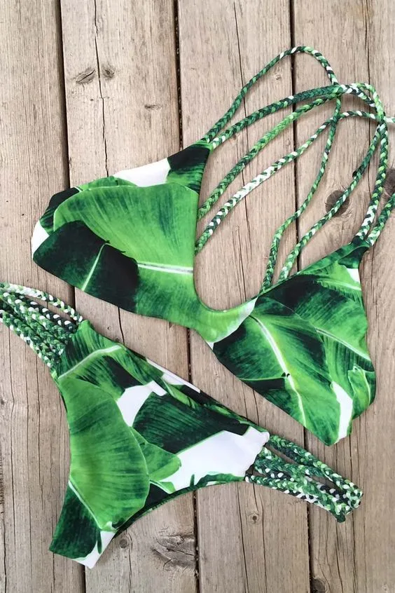 Leaf Print Bikini Set with Braided Strap Detail
