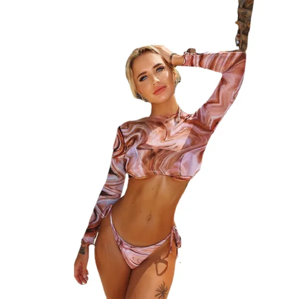 Printed Cross-Back Bikini Set in Coffee