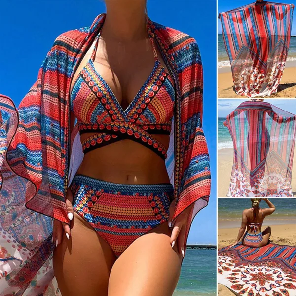 Three-Piece Bikini Set with Coordinating Beach Cover-Up