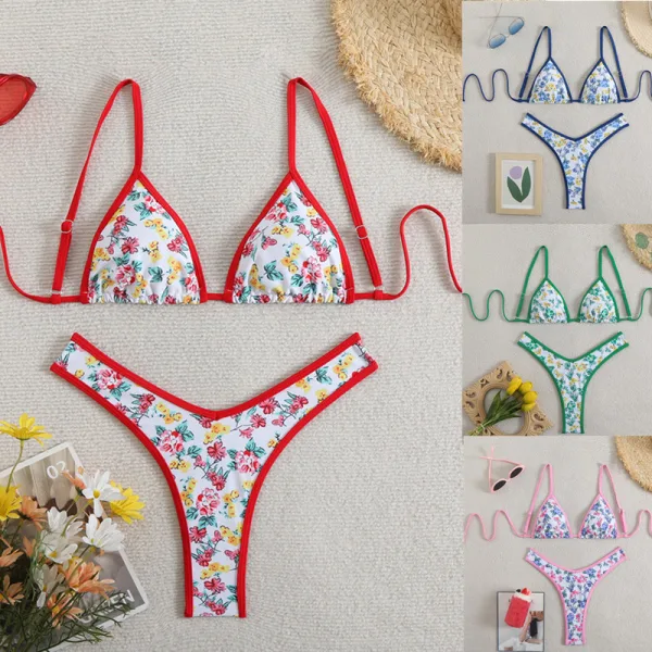 Coastal Print Bikini Set with Contrast Trim
