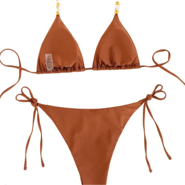 Lace-Up Beaded Bikini Set in Coffee Brown