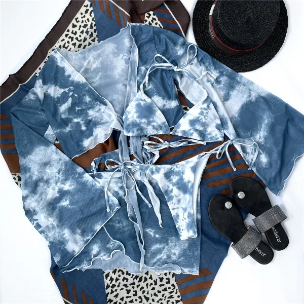 Tie-Dye Four-Piece Bikini and Sarong Set