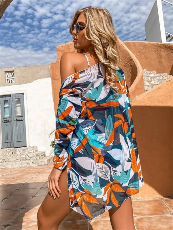 Three-Piece Printed Bikini and Cover-Up Set