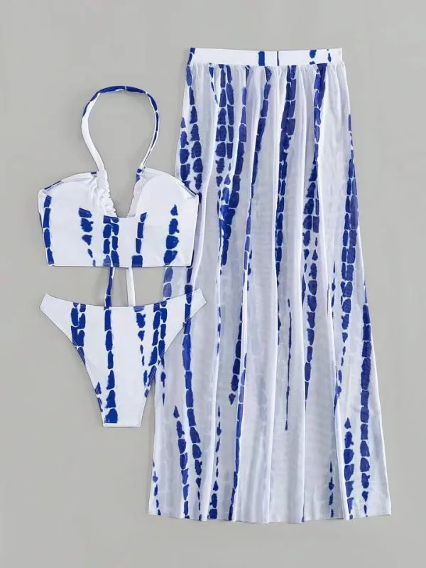 Cross-Strap Bikini Set with Matching Cover-Up Skirt