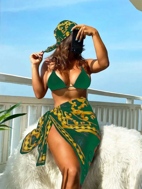 Vintage Print Three-Piece Bikini Set