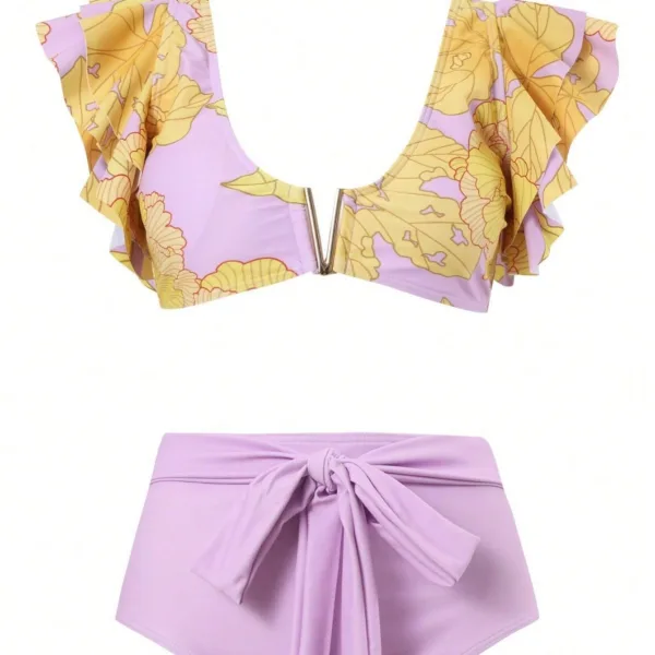 Color-Block Three-Piece Bikini and Sarong Set