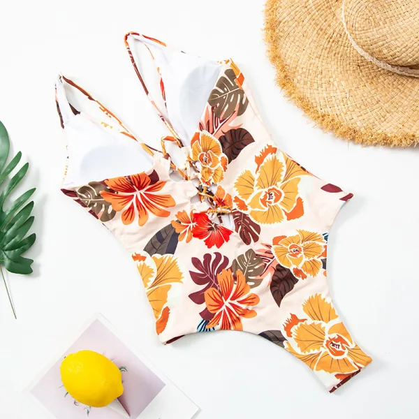 Floral Print Conservative One-Piece Swimsuit