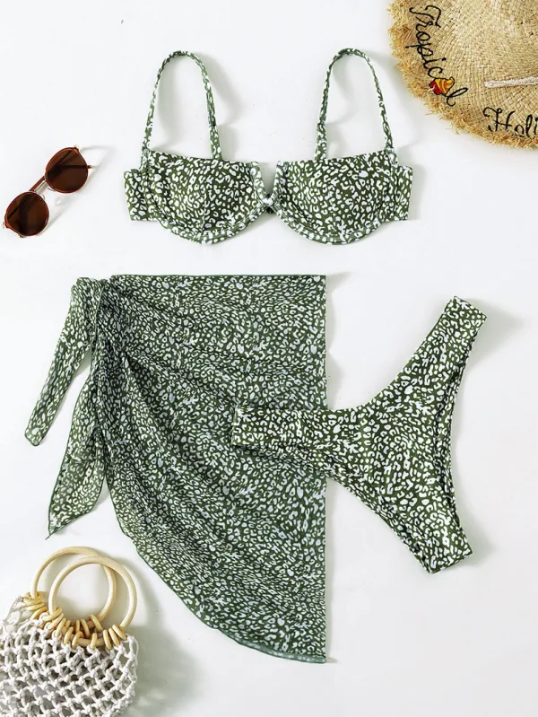 Floral Three-Piece Bikini and Sarong Set