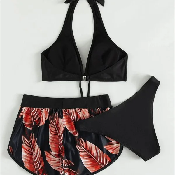 Retro Leaf Print Three-Piece Bikini Set
