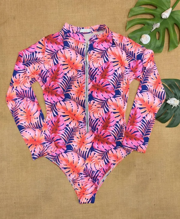 Botanical Print Long-Sleeve One-Piece Swimsuit